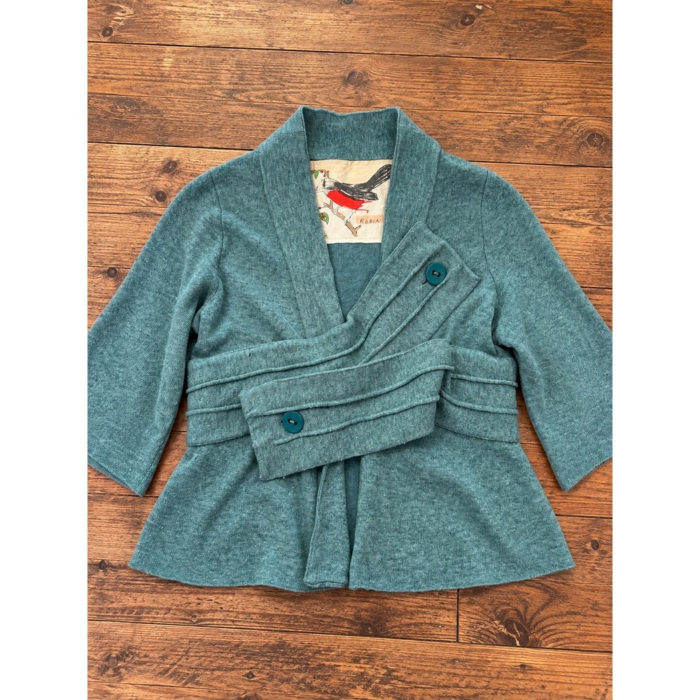 Anthropologie Robin Teal Wool Blend Wrap Cardigan Button Waist L Eclectic *READ